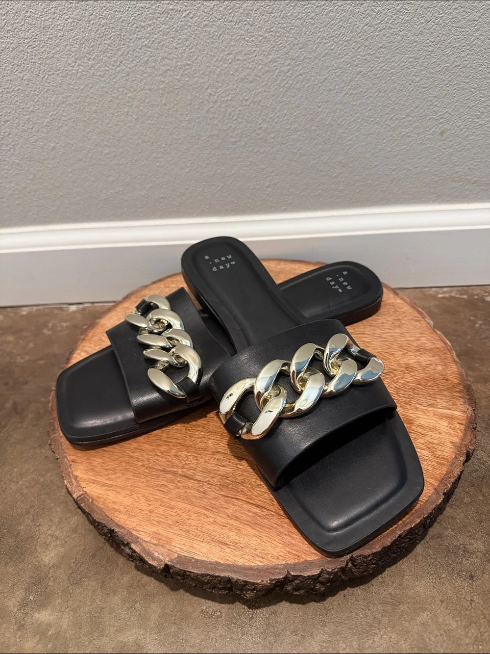 a new day Black Slide Sandals with Gold Chain
